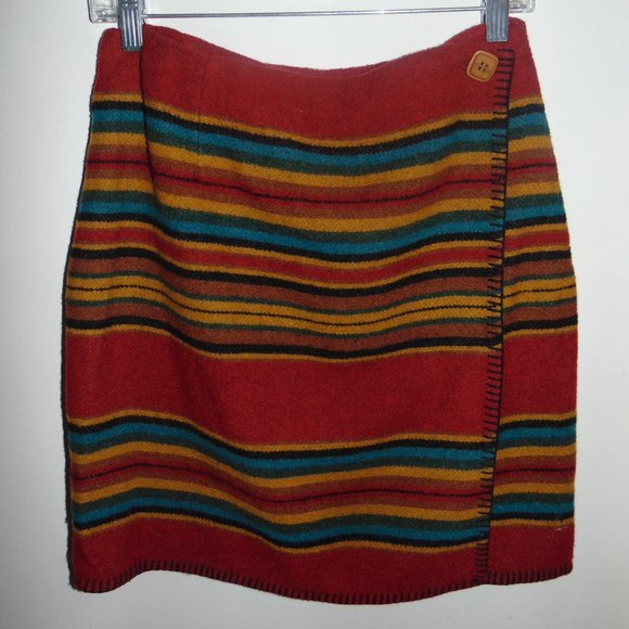 Vtg 90s Express Aztec Wool Striped Mini Skirt Wrap Around Red Blue M 26” Waist - Picture 2 of 8